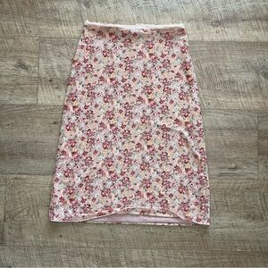 Olivaceous Pink Floral Pencil Skirt with Lace Trim